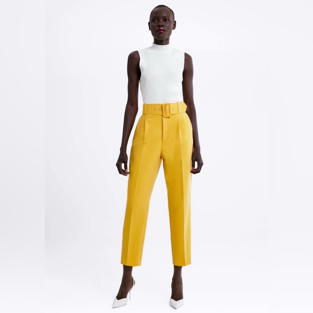 ZARA High Waisted Belted Yellow Trousers Size Large